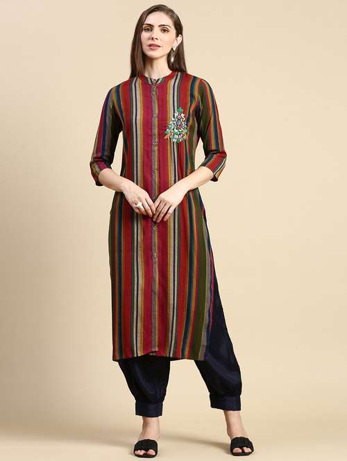 women multi color stripes printed straight kurta - 21387747 - Very Small Image - 1