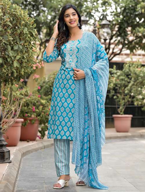 women light blue printed kurta pant set with dupatta - 21391928 - Very Small Image - 1