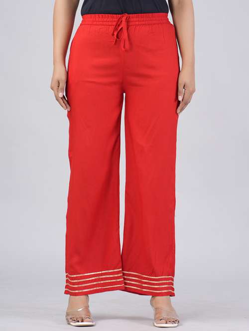 women solid gota detailed mid rise palazzo - 21393307 - Very Small Image - 1