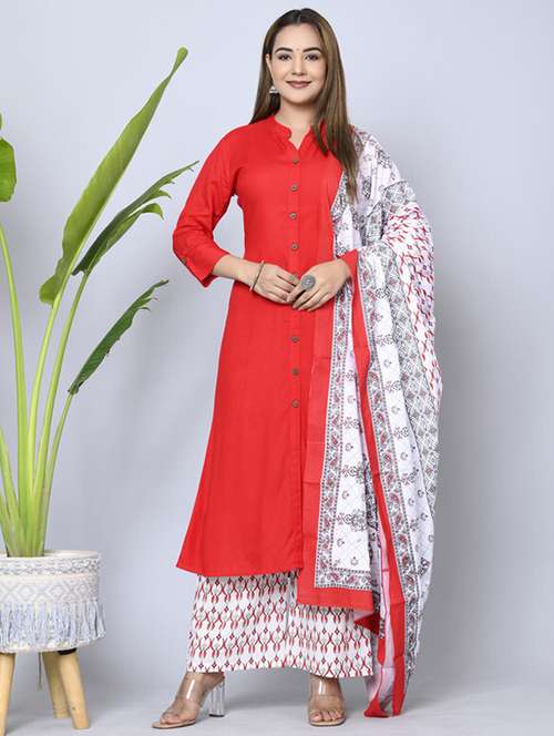 women red kurta palazzo set with dupatta - 21393414 - Very Small Image - 1