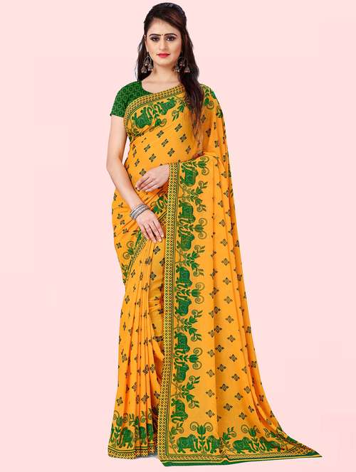 women yellow printed georgette saree with blouse - 21410795 - Very Small Image - 1