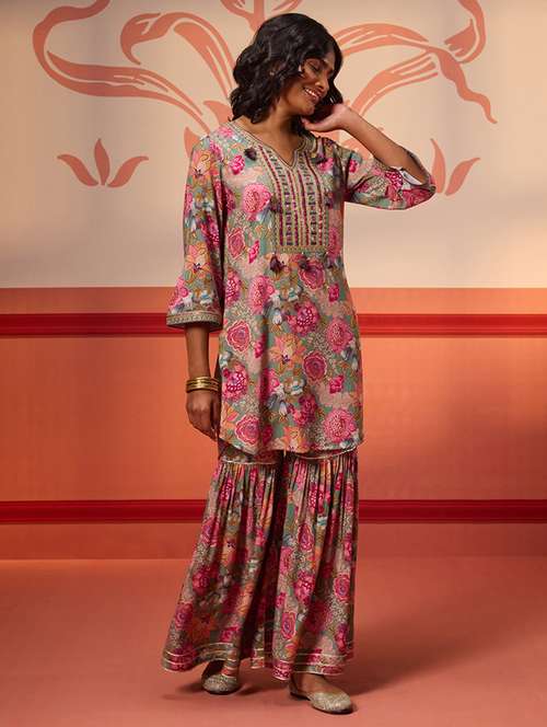 women floral printed embroidered kurta sharara set - 21451785 - Very Small Image - 1