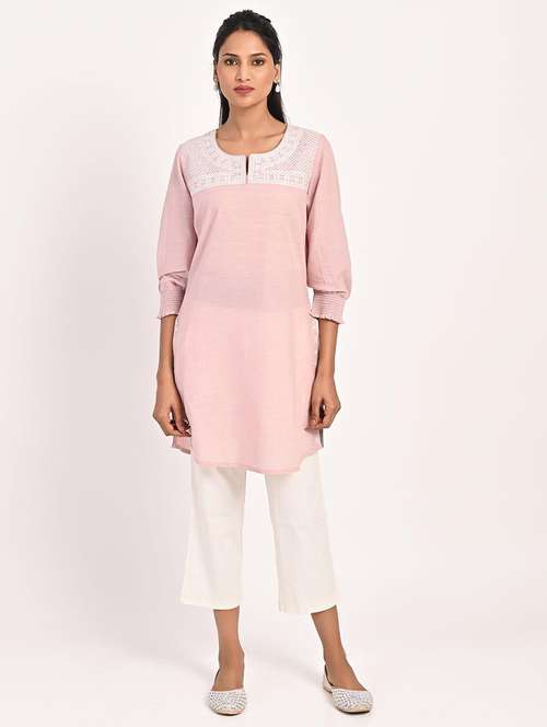 pink placement embroidered cotton kurta - 21451943 - Very Small Image - 1