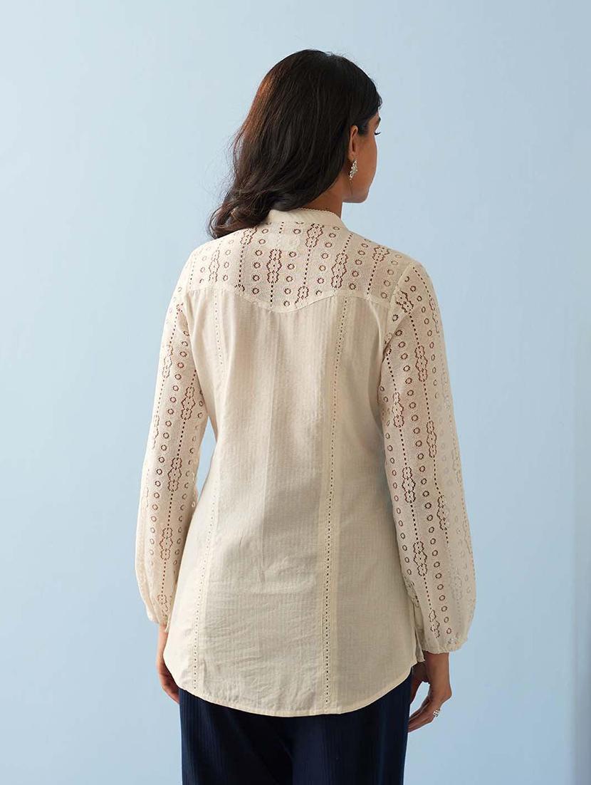women self design lace mandarin neck tunic - 21452062 - Standard Image - 2