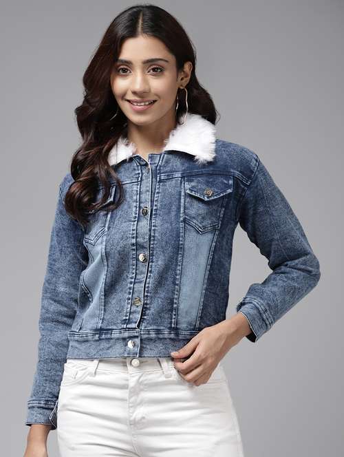 women blue denim jacket with fur collar  - 21461479 - Very Small Image - 1