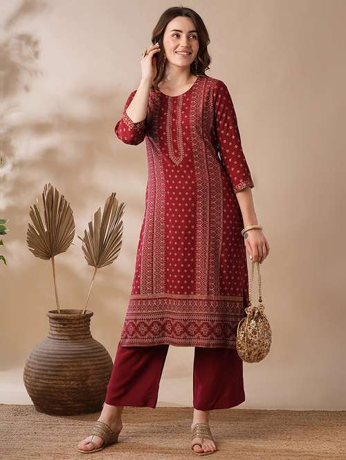 globus women maroon round neck ethnic motifs gold foil print straight workwear kurta & elasticated pants set - 21463092 - Very Small Image - 1