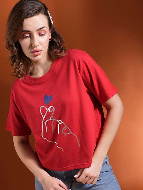 globus women red drop shoulder korean graphic printed oversized trendy crop t-shirt - 21463134 - Very Small Image - 1