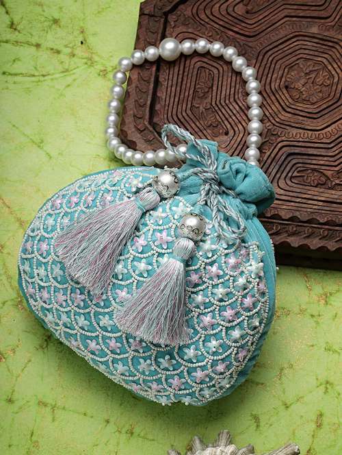 light blue embroidered silk potli - 21463425 - Very Small Image - 1