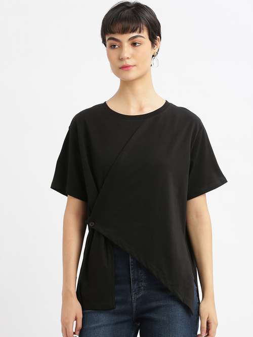 women solid short sleeves asymmetric top - 21463791 - Very Small Image - 1