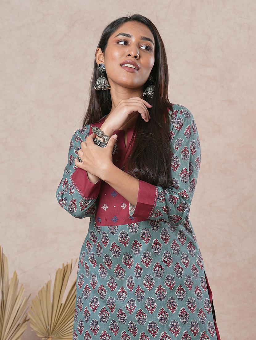 blue cotton straight kurta - 21466706 - Standard Image - 5
