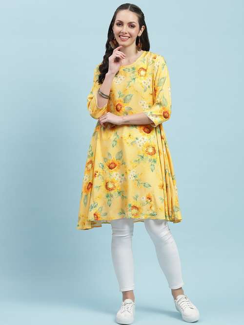 women yellow floral printed a-line kurta - 21468094 - Very Small Image - 1