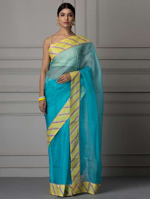 blue silk kota doria saree with blouse - 21473765 - Very Small Image - 1