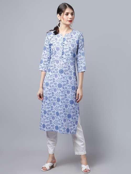 women light blue cotton straight kurta - 21481494 - Very Small Image - 1
