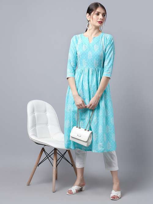 women blue cotton a-line kurta - 21481497 - Very Small Image - 1