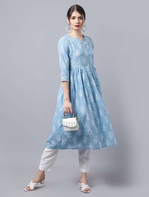 women light blue cotton a-line kurta - 21481498 - Very Small Image - 1