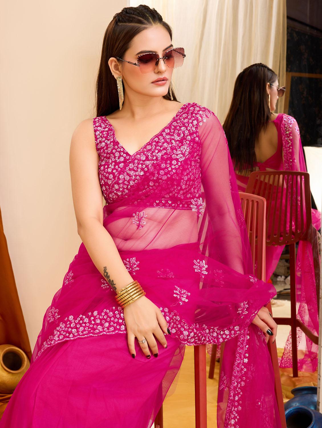 women pink embroidered saree with blouse - 21481544 - Zoom Image - 5