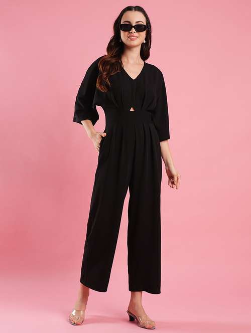 women's black v-neck batwing sleeves cut-out detail long jumpsuit - 21486290 - Very Small Image - 1