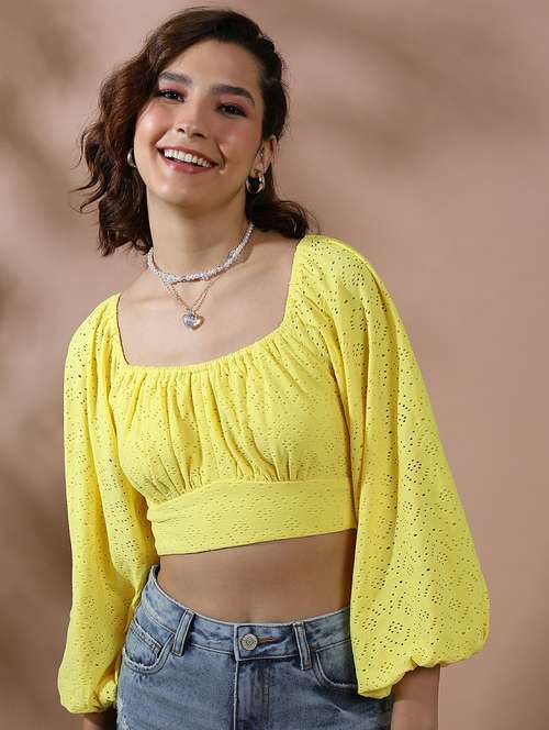 women yellow cotton blend crop top - 21487250 - Very Small Image - 1