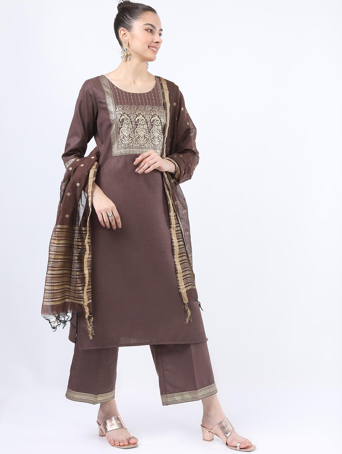 women brown kurta pant set with dupatta - 21488410 - Standard Image - 2