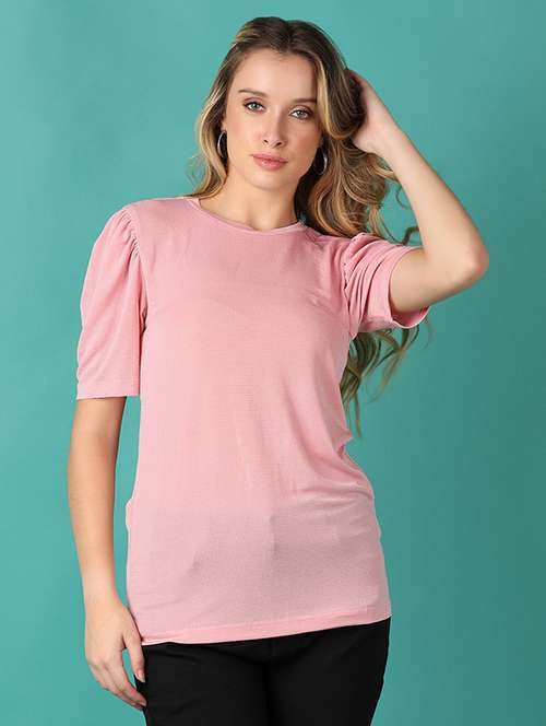 women pink solid round neck regular top - 21501819 - Very Small Image - 1