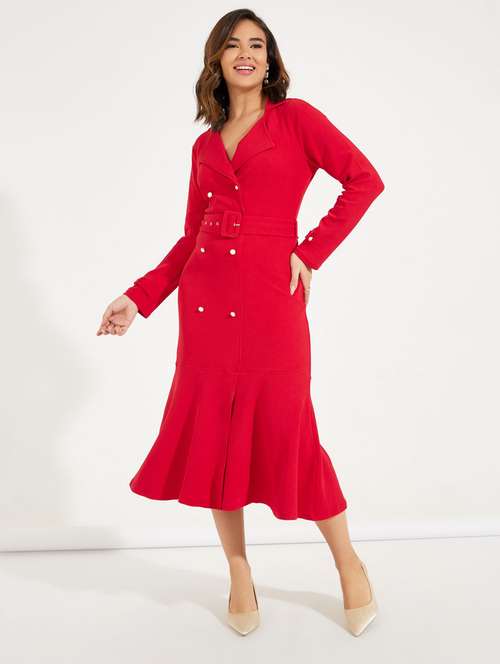 women red solid long sleeve coat dress - 21510653 - Very Small Image - 1