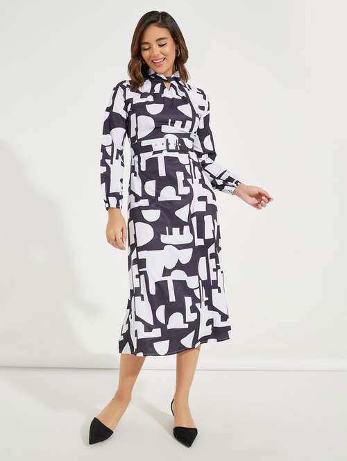 women printed puff sleeve belted dress - 21510657 - Very Small Image - 1