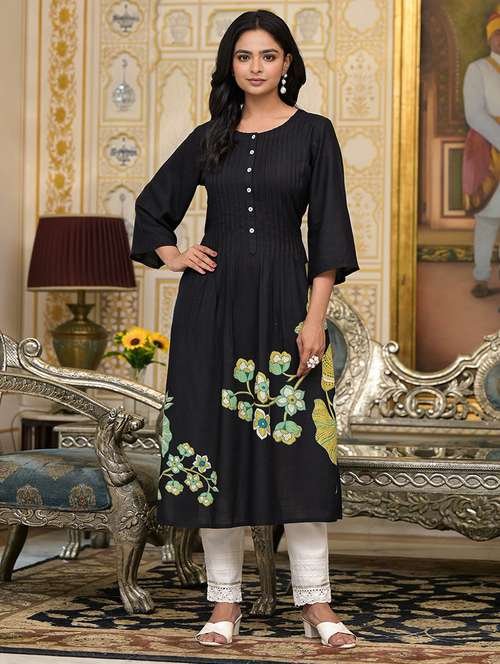 women black floral round neck a-line kurta - 21518966 - Very Small Image - 1
