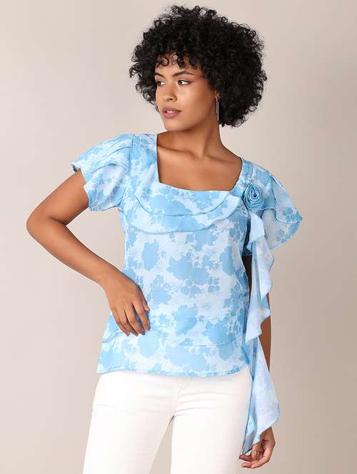 women printed short sleeves ruffled top - 21519394 - Very Small Image - 1