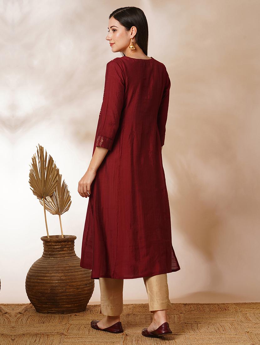 women maroon notch neck a-line kurta - 21521909 - Standard Image - 3