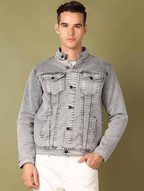men grey solid long sleeve denim jacket - 21522832 - Very Small Image - 1