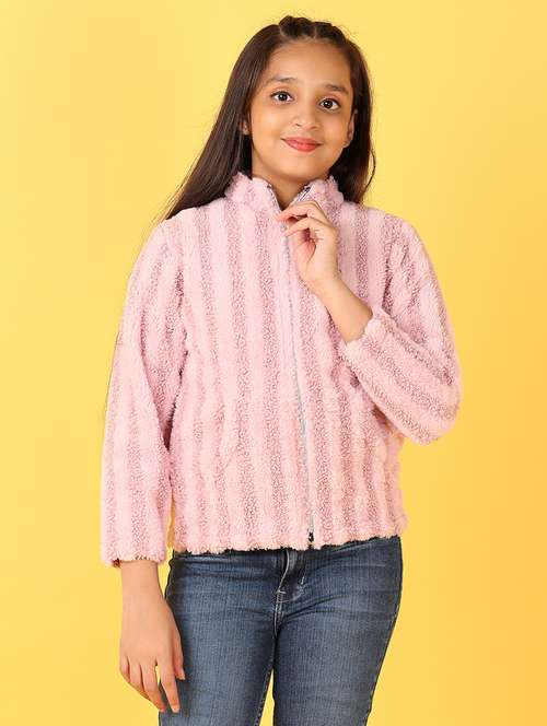 girls plain stand collar fur zip-up jacket - 21524061 - Very Small Image - 1