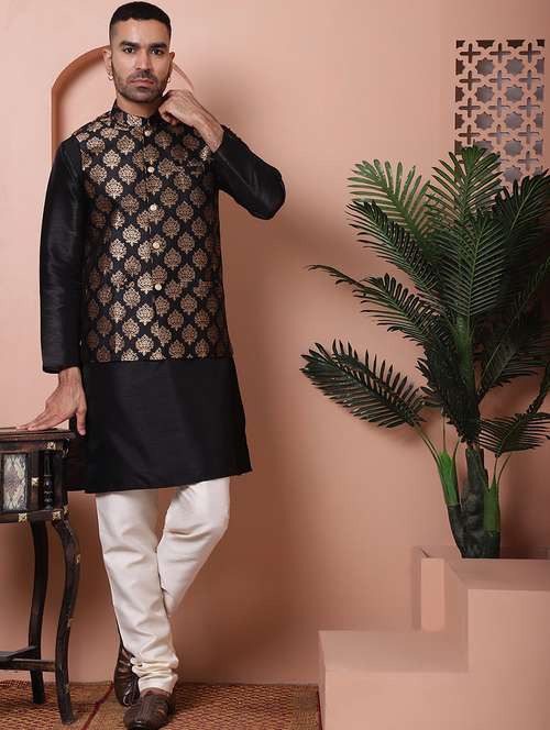 men solid kurta pyjama set with printed jacket - 21524910 - Very Small Image - 1
