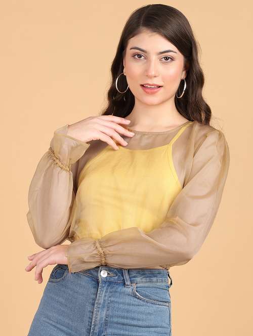 women solid puff sleeves crop top - 21525196 - Very Small Image - 1
