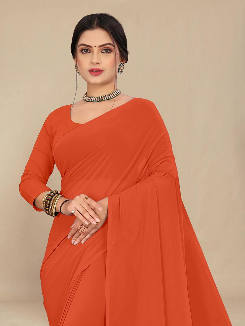 women orange plain saree - 21538969 - Standard Image - 2