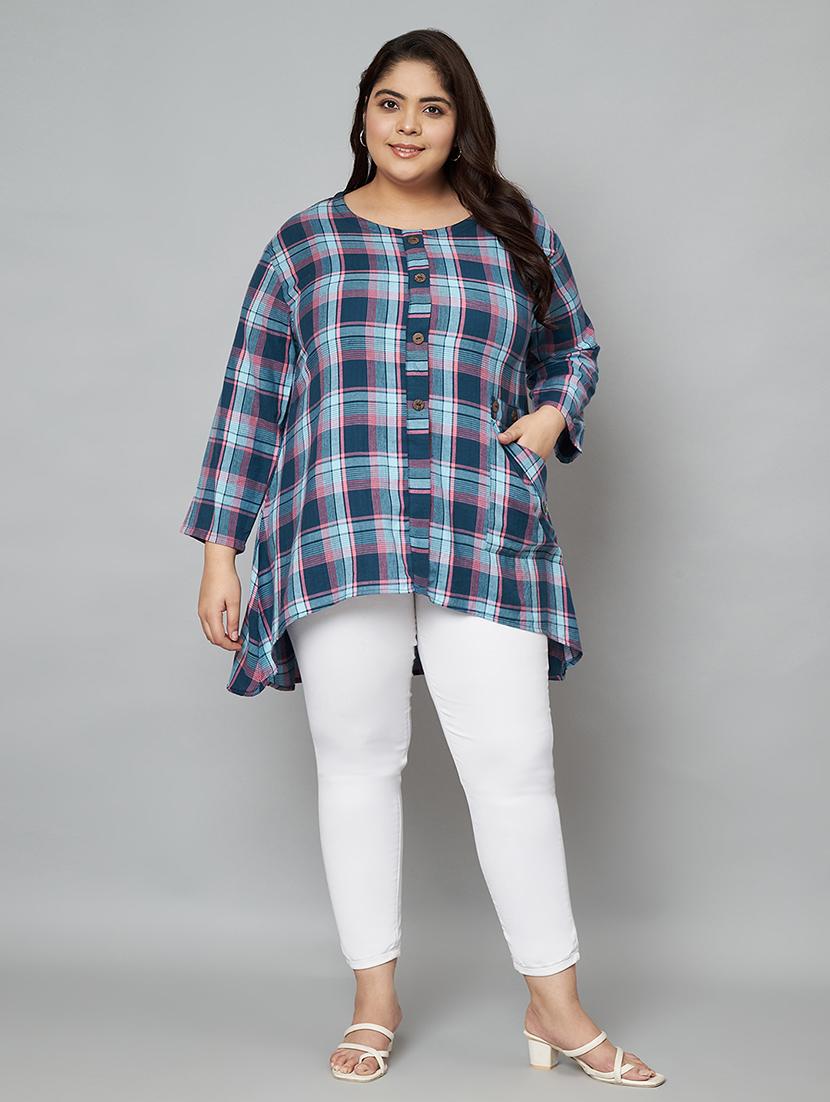 women checked printed plus size asymmetric top - 21539217 - Zoom Image - 4
