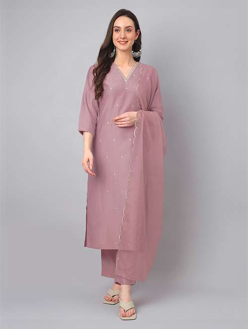 women v neck kurta pant set with dupatta - 21541654 - Very Small Image - 1