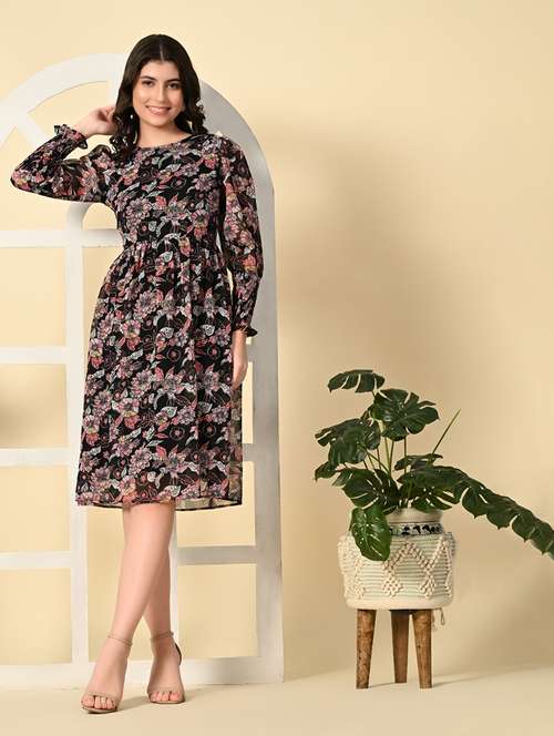 women floral printed long sleeves a-line dress - 21552714 - Very Small Image - 1
