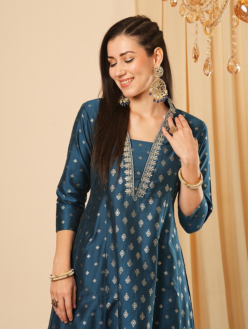 globus women blue v-neck allover gold foil printed panelled anarkali kurta with elasticated narrow pants festive set - 21554285 - Zoom Image - 3