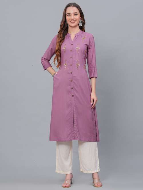 women purple mandarin neck kurta palazzo set  - 21561655 - Very Small Image - 1