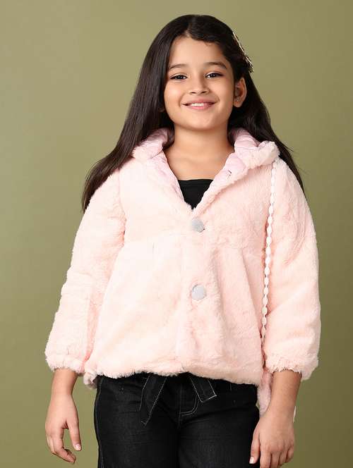 girls solid hooded long sleeve fur acket - 21573082 - Very Small Image - 1