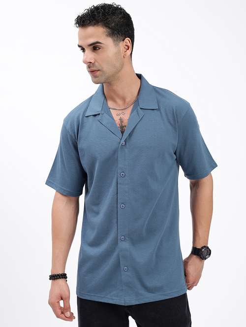 men loose fit solid cuban collar casual shirt - 21597538 - Very Small Image - 1
