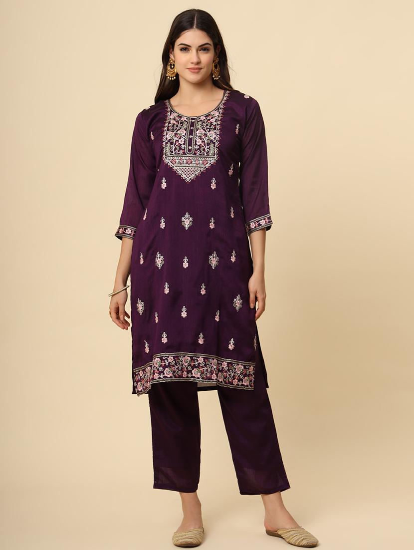 women embroidered three quarter sleeve suit set - 21597757 - Standard Image - 2