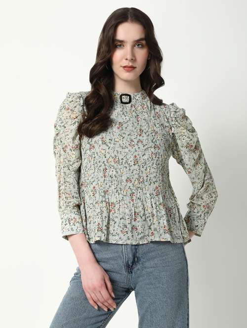 women floral print mock neck a-line top - 21598197 - Very Small Image - 1
