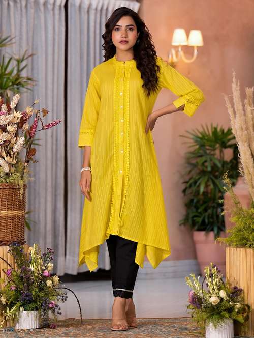 women striped three quarter sleeves asymmetric kurta - 21606791 - Very Small Image - 1