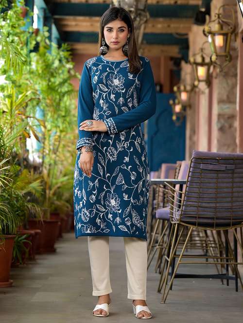 women self design long sleeves straight kurta - 21606797 - Very Small Image - 1