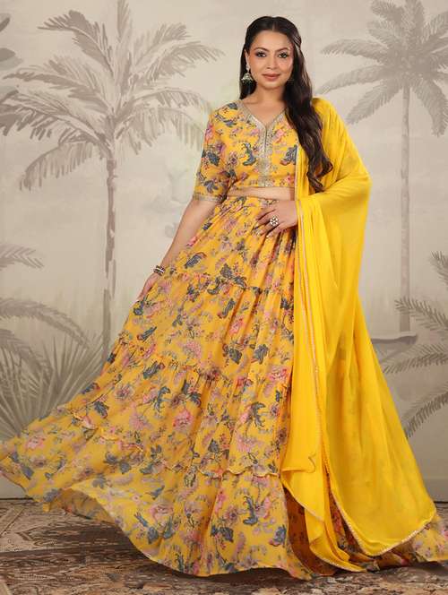women yellow floral printed flared stitched lehenga - 21617160 - Very Small Image - 1