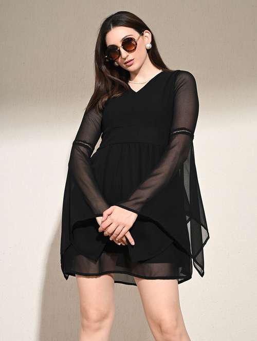 women black solid bell sleeve a-line dress - 21619545 - Very Small Image - 1
