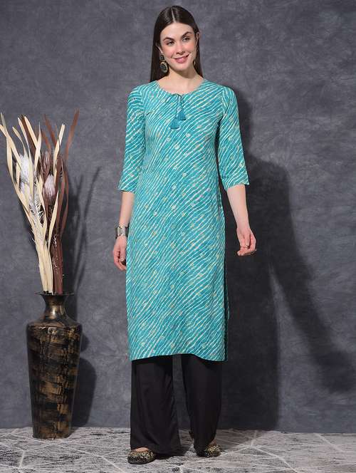 women leheriya three quarter sleeve straight kurta - 21627291 - Very Small Image - 1