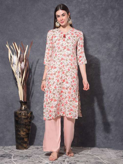women floral three quarter sleeve straight kurta - 21627339 - Very Small Image - 1