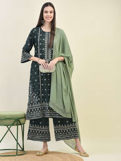 women three quarter sleeve kurta palazzo with dupatta set - 21629689 - Very Small Image - 1